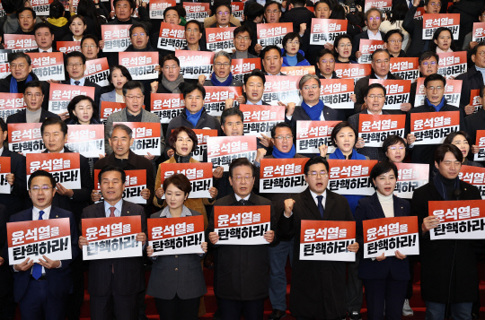 이재명 더불어민주당 대표 등 의원들이 7일 서울 여의도 국회에서 윤석열 대통령 담화 규탄 의원총회를 하고 있다. [연합뉴스]